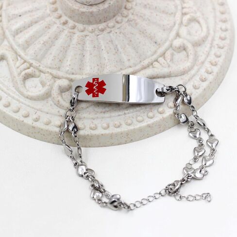 Stainless Steel Medical Bracelet Adjustable Double Layer Heart Shape Chain with Red Alert Bracelet, Personalized Engraving Medical ID for Women in Kuwait
