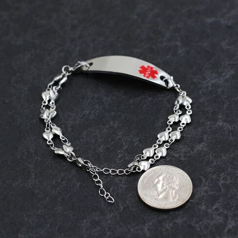 Stainless Steel Medical Bracelet Adjustable Double Layer Heart Shape Chain with Red Alert Bracelet, Personalized Engraving Medical ID for Women in Kuwait