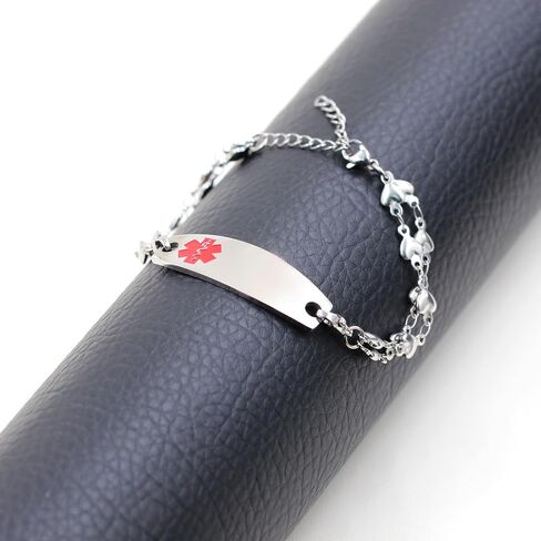 Stainless Steel Medical Bracelet Adjustable Double Layer Heart Shape Chain with Red Alert Bracelet, Personalized Engraving Medical ID for Women in Kuwait
