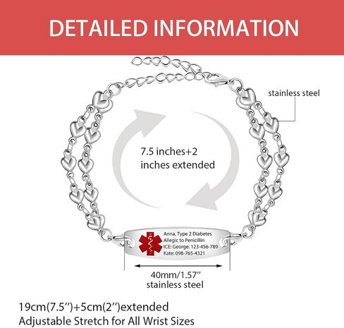 Stainless Steel Medical Bracelet Adjustable Double Layer Heart Shape Chain with Red Alert Bracelet, Personalized Engraving Medical ID for Women in Kuwait