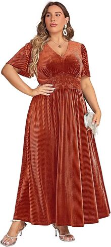 Simplee Women’s V Neck Velvet Maxi Dress Short Sleeve Empire Waist Long Formal Dress for Wedding Guest in Kuwait