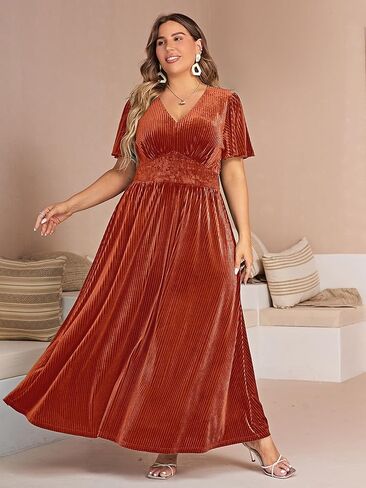 Simplee Women’s V Neck Velvet Maxi Dress Short Sleeve Empire Waist Long Formal Dress for Wedding Guest in Kuwait