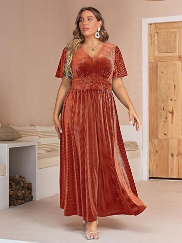 Simplee Women’s V Neck Velvet Maxi Dress Short Sleeve Empire Waist Long Formal Dress for Wedding Guest in Kuwait