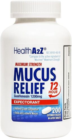 HealthA2Z® Mucus Relief | Guaifenesin 1200 mg | NO Benzene |100 Tablets | Maximum Strength | 12 Hour | Expectorant | Relieves Chest Congestion | Thins and Loosens Mucus in Kuwait