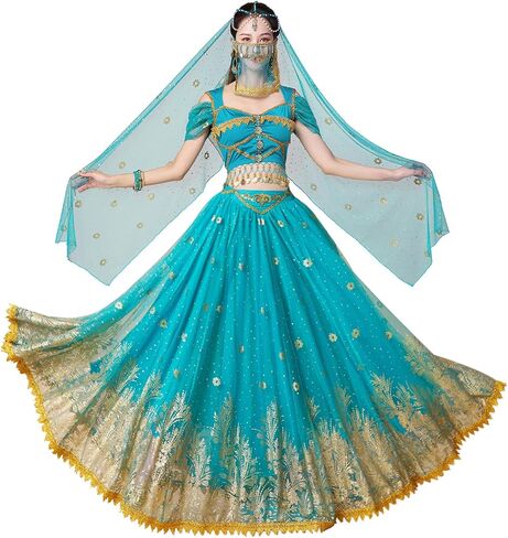 Arabian Princess Jasmine Fairy Costume Set Women's Halloween Cospaly Party Dress UP Outfit Belly Dance Dress in Kuwait