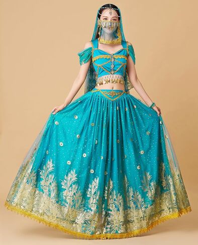 Arabian Princess Jasmine Fairy Costume Set Women's Halloween Cospaly Party Dress UP Outfit Belly Dance Dress in Kuwait