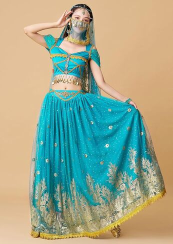 Arabian Princess Jasmine Fairy Costume Set Women's Halloween Cospaly Party Dress UP Outfit Belly Dance Dress in Kuwait