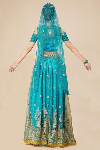 Arabian Princess Jasmine Fairy Costume Set Women's Halloween Cospaly Party Dress UP Outfit Belly Dance Dress in Kuwait