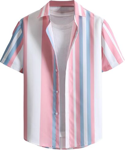 GORGLITTER Men's Beach Vacation Shirts Button Up Short Sleeve Color Block Striped Collar Tops Shirts in Saudi Arabia