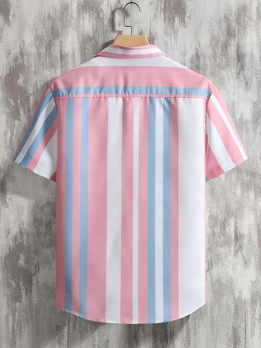 GORGLITTER Men's Beach Vacation Shirts Button Up Short Sleeve Color Block Striped Collar Tops Shirts in Saudi Arabia