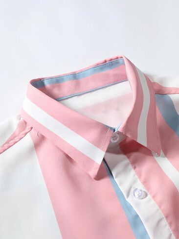 GORGLITTER Men's Beach Vacation Shirts Button Up Short Sleeve Color Block Striped Collar Tops Shirts in Saudi Arabia
