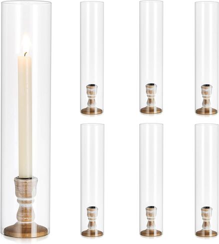 Inweder Rustic Wood Candlestick Holders: 6 Pcs Wood Candle Holders for Taper Candles, Wooden Candle Holders for Candlesticks, Wood Taper Holders with Glass Cover for Wedding Event Home Decor in Kuwait