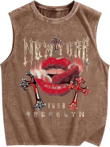 Bobeutou Mens Tank Top Top Graphic Print Prate Slightsless Cut Off Muscle Stirts Vintage Hip Hop Vest Acid Wash tshirts in Kuwait