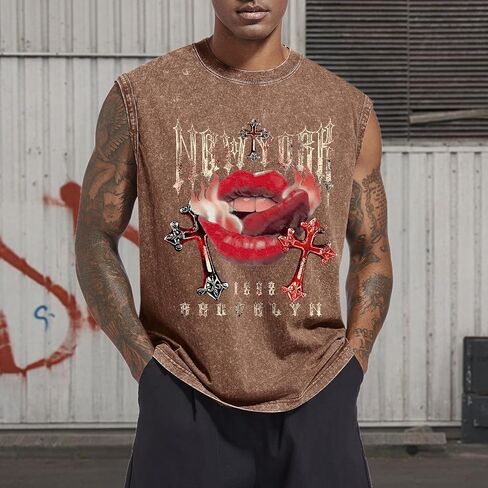 Bobeutou Mens Tank Top Top Graphic Print Prate Slightsless Cut Off Muscle Stirts Vintage Hip Hop Vest Acid Wash tshirts in Kuwait