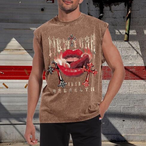 Bobeutou Mens Tank Top Top Graphic Print Prate Slightsless Cut Off Muscle Stirts Vintage Hip Hop Vest Acid Wash tshirts in Kuwait