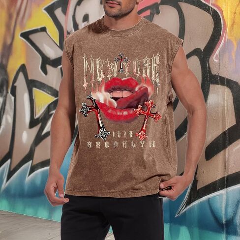 Bobeutou Mens Tank Top Top Graphic Print Prate Slightsless Cut Off Muscle Stirts Vintage Hip Hop Vest Acid Wash tshirts in Kuwait