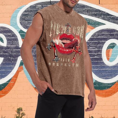 Bobeutou Mens Tank Top Top Graphic Print Prate Slightsless Cut Off Muscle Stirts Vintage Hip Hop Vest Acid Wash tshirts in Kuwait