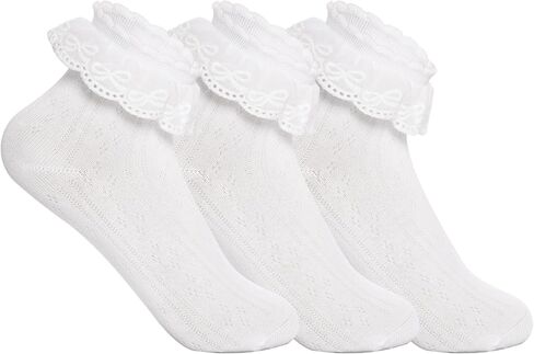 3 Pairs Girls Cotton Lace Ruffle Dress Socks, Soft & Comfortable Frilly Style Socks for Little Girls in Saudi Arabia