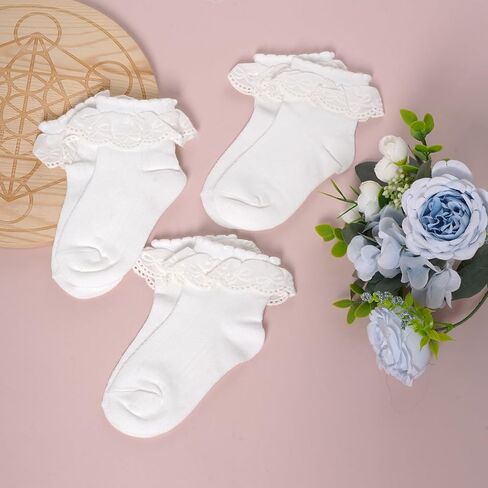 3 Pairs Girls Cotton Lace Ruffle Dress Socks, Soft & Comfortable Frilly Style Socks for Little Girls in Saudi Arabia