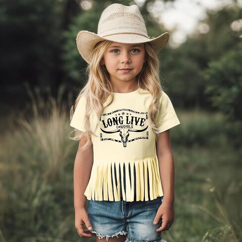 Girls Western Fringe Shirt Long Live Cowgirls Country Rodeo Shirts Kids Cow Skull Graphic Tees Tassel Fringe Tops in Saudi Arabia