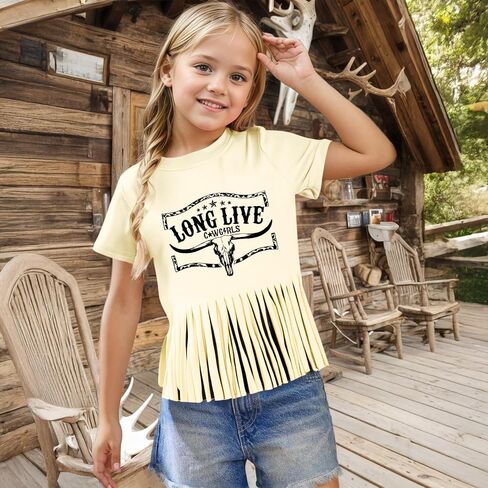 Girls Western Fringe Shirt Long Live Cowgirls Country Rodeo Shirts Kids Cow Skull Graphic Tees Tassel Fringe Tops in Saudi Arabia