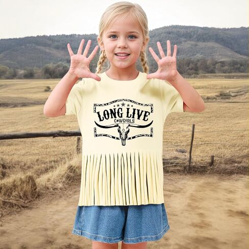 Girls Western Fringe Shirt Long Live Cowgirls Country Rodeo Shirts Kids Cow Skull Graphic Tees Tassel Fringe Tops in Saudi Arabia