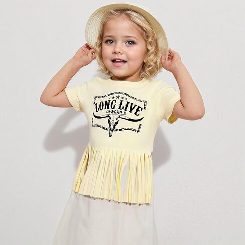 Girls Western Fringe Shirt Long Live Cowgirls Country Rodeo Shirts Kids Cow Skull Graphic Tees Tassel Fringe Tops in Saudi Arabia