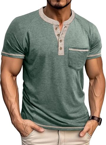 Mens Henley Shirts Short Sleeve Casual Button Basic T-Shirts Summer Classic Vintage Tee Shirts with Pocket in Saudi Arabia