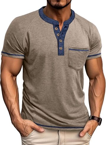 Mens Henley Shirts Short Sleeve Casual Button Basic T-Shirts Summer Classic Vintage Tee Shirts with Pocket in Saudi Arabia