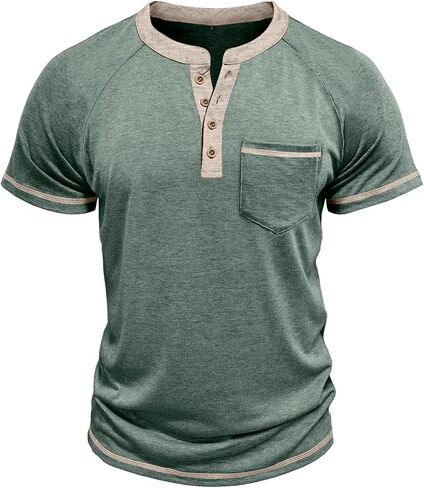 Mens Henley Shirts Short Sleeve Casual Button Basic T-Shirts Summer Classic Vintage Tee Shirts with Pocket in Saudi Arabia