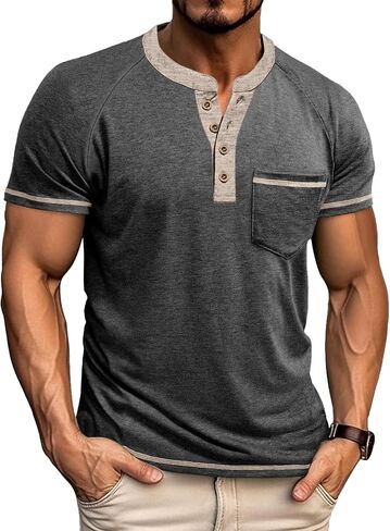 Mens Henley Shirts Short Sleeve Casual Button Basic T-Shirts Summer Classic Vintage Tee Shirts with Pocket in Saudi Arabia