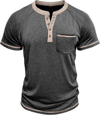 Mens Henley Shirts Short Sleeve Casual Button Basic T-Shirts Summer Classic Vintage Tee Shirts with Pocket in Saudi Arabia