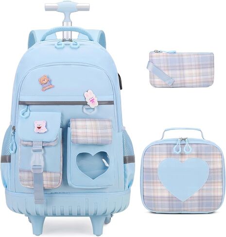 Rolling Backpack for Girls - Roller Wheels School Bookbag with Lunch Bag & Pencil Pouch for Teen Girls Kids Wheeled Suitcase Backpacks, Elementary Middle School Travel Daypack (Blue) in Kuwait