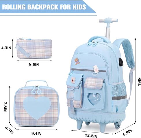 Rolling Backpack for Girls - Roller Wheels School Bookbag with Lunch Bag & Pencil Pouch for Teen Girls Kids Wheeled Suitcase Backpacks, Elementary Middle School Travel Daypack (Blue) in Kuwait