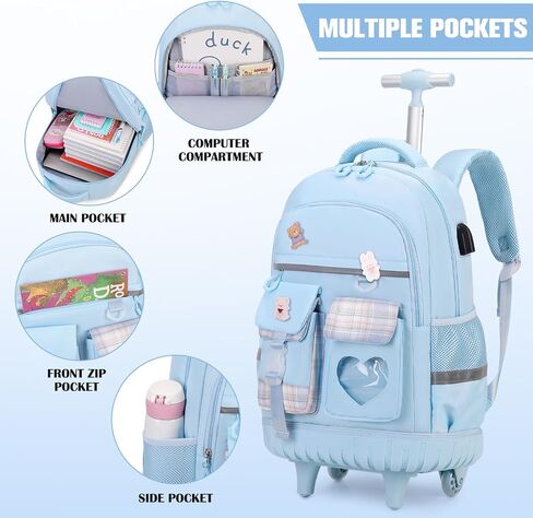 Rolling Backpack for Girls - Roller Wheels School Bookbag with Lunch Bag & Pencil Pouch for Teen Girls Kids Wheeled Suitcase Backpacks, Elementary Middle School Travel Daypack (Blue) in Kuwait