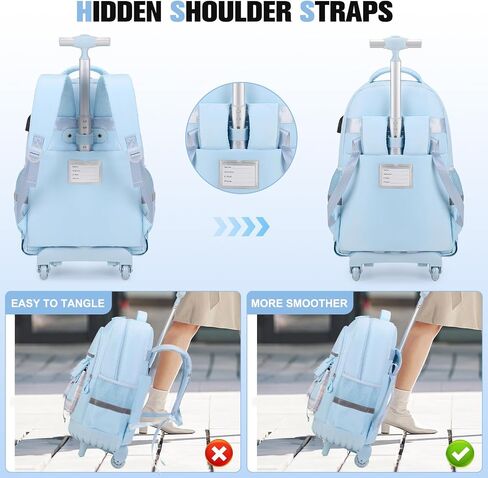 Rolling Backpack for Girls - Roller Wheels School Bookbag with Lunch Bag & Pencil Pouch for Teen Girls Kids Wheeled Suitcase Backpacks, Elementary Middle School Travel Daypack (Blue) in Kuwait