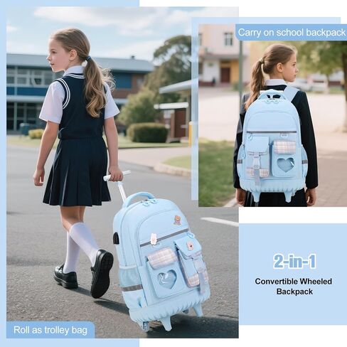 Rolling Backpack for Girls - Roller Wheels School Bookbag with Lunch Bag & Pencil Pouch for Teen Girls Kids Wheeled Suitcase Backpacks, Elementary Middle School Travel Daypack (Blue) in Kuwait
