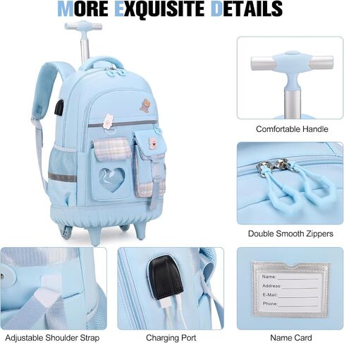 Rolling Backpack for Girls - Roller Wheels School Bookbag with Lunch Bag & Pencil Pouch for Teen Girls Kids Wheeled Suitcase Backpacks, Elementary Middle School Travel Daypack (Blue) in Kuwait
