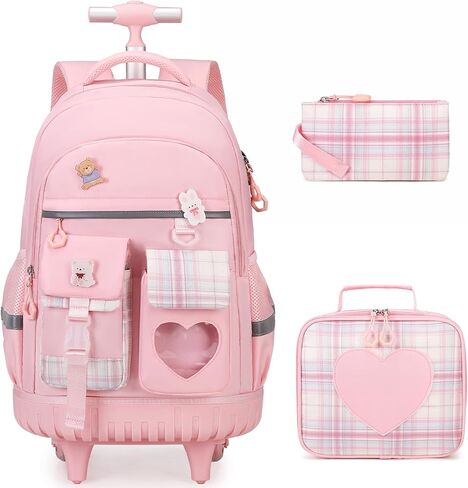 حقائب الظهر المتداول للفتيات - حقيبة الكتب مدرسة العجلات مع حقيبة الغداء وحقيبة القلم الرصاص للبنات في سن المراهقة أطفال بعجلات على ظهر حقيبة الظهر ، ودقة سفر في المدرسة المتوسطة الابتدائية (الأزرق) in Kuwait