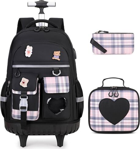 Rolling Backpack for Girls - Roller Wheels School Bookbag with Lunch Bag & Pencil Pouch for Teen Girls Kids Wheeled Suitcase Backpacks, Elementary Middle School Travel Daypack (Blue) in Kuwait