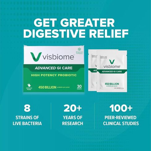 Visbiome® Advanced GI Care - Prosiotic عالية الفاعلية 450 مليار قوة - 30 حزم مسحوق غير متكافئ - صياغة De Simone الأصلية - يتم شحن البرد في مبرد قابل لإعادة التدوير مع شاشة درجة الحرارة. in Kuwait