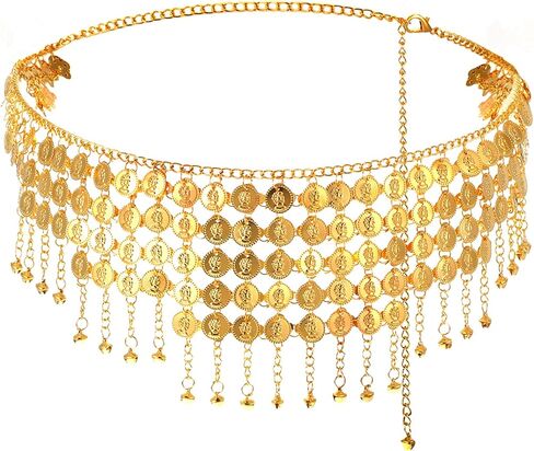 Coins Belly Dance Hip Scarf Belt Belly Dancing Coins Skirts Chain Belt Women's Bellys Dance Tower Shape Metal Hip Scarf Adjustable Coin Belts Chain for Bellydance Halloween Costume Accessory Gold in Saudi Arabia