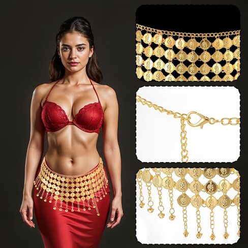 Coins Belly Dance Hip Scarf Belt Belly Dancing Coins Skirts Chain Belt Women's Bellys Dance Tower Shape Metal Hip Scarf Adjustable Coin Belts Chain for Bellydance Halloween Costume Accessory Gold in Saudi Arabia