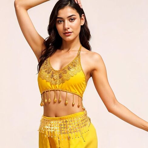 Coins Belly Dance Hip Scarf Belt Belly Dancing Coins Skirts Chain Belt Women's Bellys Dance Tower Shape Metal Hip Scarf Adjustable Coin Belts Chain for Bellydance Halloween Costume Accessory Gold in Saudi Arabia