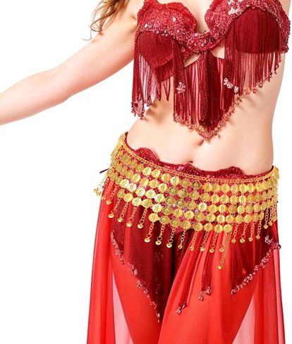 Coins Belly Dance Hip Scarf Belt Belly Dancing Coins Skirts Chain Belt Women's Bellys Dance Tower Shape Metal Hip Scarf Adjustable Coin Belts Chain for Bellydance Halloween Costume Accessory Gold in Saudi Arabia