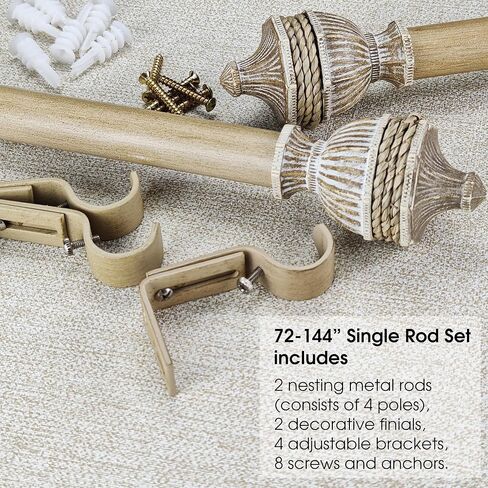 Weathered Oak Curtain Rod Set with Jute Rope Finial, 72-144 inch, Standard Single Drapery Rod for 1 Pack, 1 inch diameter, Adjustable Length in Saudi Arabia