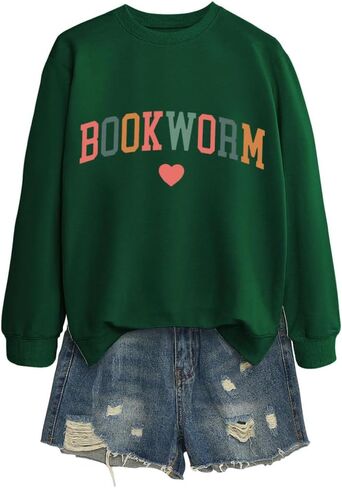 Bookworm Women Sweatshirts Funny Reading Graphic Shirt Long Sleeve Teacher Life Pullover Crewneck Sweat Shirt in Saudi Arabia