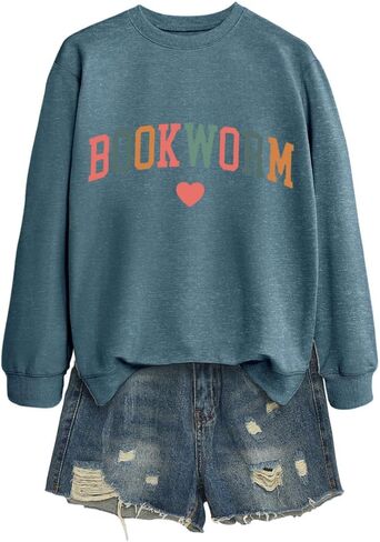 Bookworm Women Sweatshirts Funny Reading Graphic Shirt Long Sleeve Teacher Life Pullover Crewneck Sweat Shirt in Saudi Arabia