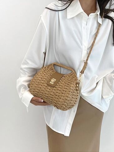 Handmade Straw Woven Bag Beach Clutch Purses Women Vacation Shell Shoulder Crossbody Summer Dumpling Handbag Basket Tote in Saudi Arabia