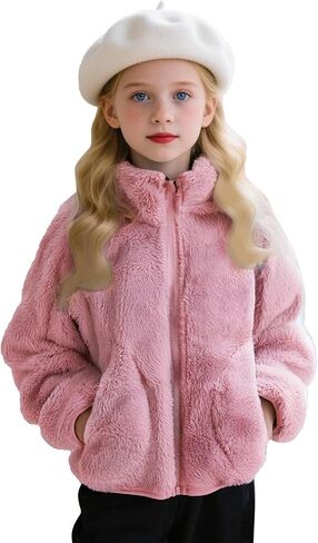 RKSTN Kids Fall Winter Coat Zip Up Fleece Jacket with Pockets Warm Plush Outwear Boys Girls Stand-Up Collar Cute Tops in Saudi Arabia